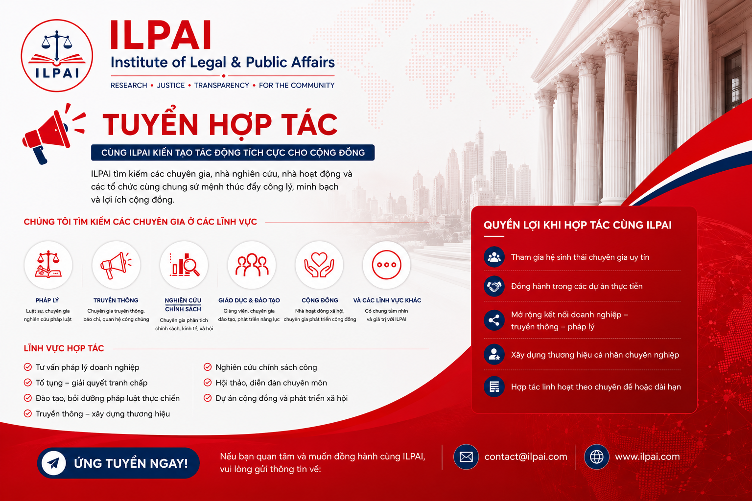 TUYỂN HỢP TÁC CHUYÊN GIA – CỐ VẤN – CỘNG TÁC VIÊN VIỆN NGHIÊN CỨU PHÁP LÝ & CÔNG CHÚNG ILPAI